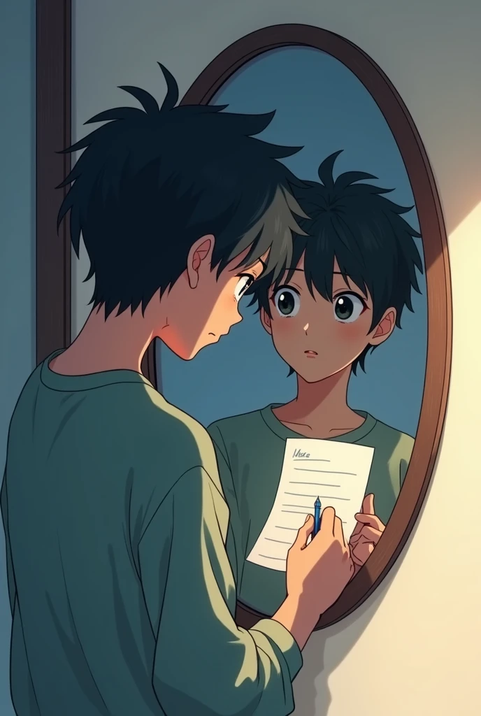 Teenager anime boy backturned putting a note in a mirror