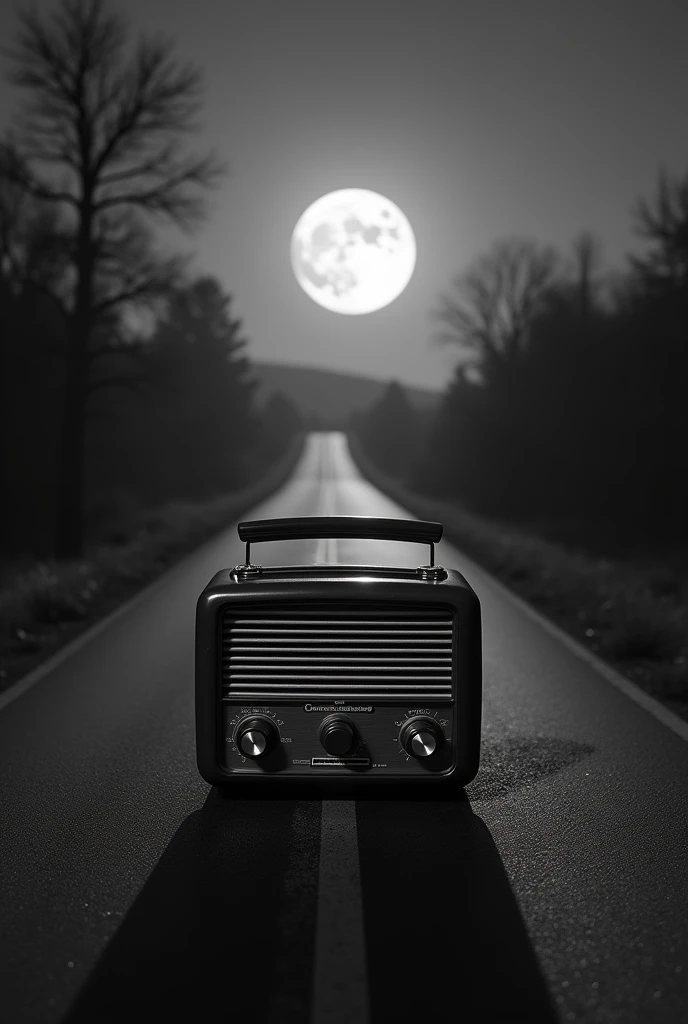 Make a slightly larger than normal 80&#39;s black and white radio image under the moonlight in the middle of the road 