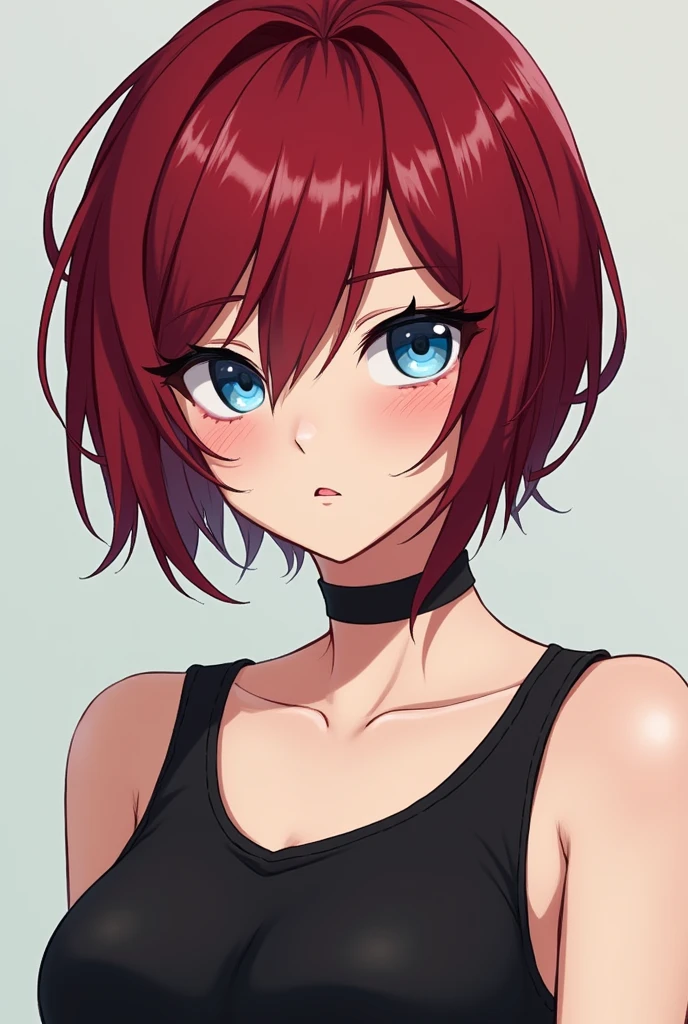 Her hair is deep red、Please draw me a cool, blue-eyed, short-haired high school student.。