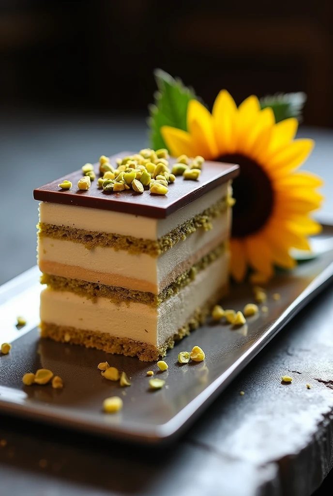 Plate containing a dessert, rectangular pavé on one side of the dish with six layers of white dough, interspersed with two layers of dulce de leche cream and two layers of pistachio cream, covered with a mirrored chocolate coating and with chopped pistachios on the other side a chocolate sunflower with yellow petals