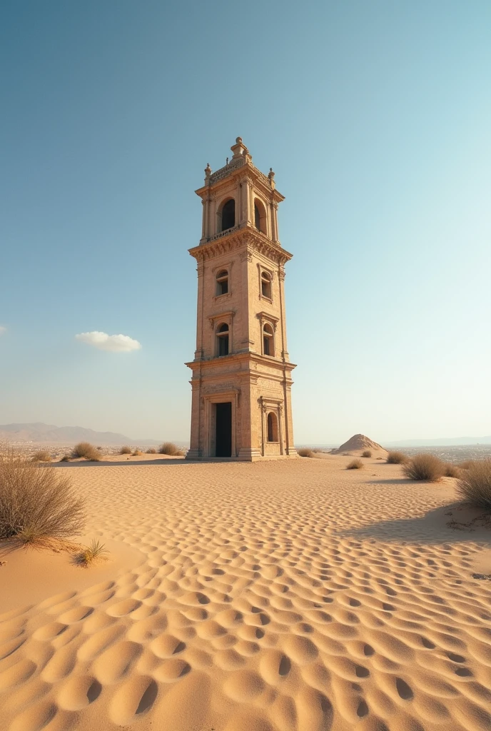 desert Sunny, cloudless day In the center of the back is an old concrete tower. There is detailed decoration