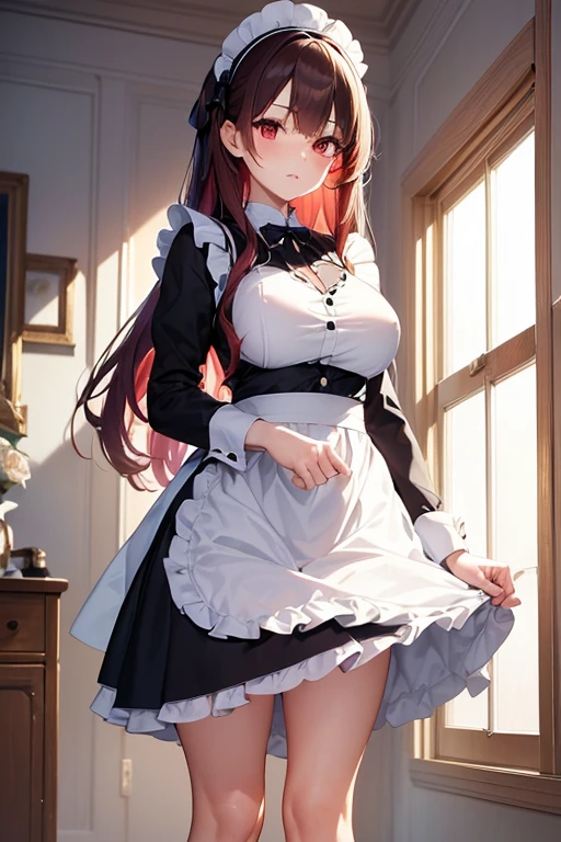 (isade),(Posing standing and with the body facing Fourth wall:1.5),+,(1 girl),(Mature body woman), (pretty: 1.5), (super hot: 1.5), (White skin color), (Long red hair and red eyes), (And super gigantic breasts: 1.5), (Height 1.20), (beautiful young woman), (super beautiful 18 year old ),(Slender body),(slim body),(slim body),(thin waist with hot hips),(large breasts and ass),(young mature and sexual woman's body),(Wearing),+,(A maid dress has a wide, voluminous skirt, often with layers of tulle or ruffles, providing an effect of lightness and movement. Color: Predominantly black, with white details. Neckline: Typically sweetheart-shaped or with a white collar, which adds an elegant contrast. Sleeves: They can be short or long, often with details such as lace or ribbons. Waist: Often, the dress is adjusted at the waist with a bow or belt, accentuating the silhouette. Accessories Apron: A white apron is an essential element, usually adorned with lace or embroidery, that covers the front of the dress. Cap: A white cap, which can vary in size and style, is worn on the head, symbolizing the role of a maid. Socks: Long socks, usually white or black, which may have details such as stripes or lace, complement the look. Shoes: Low-heeled shoes or flats, often black, that are comfortable and elegant.)