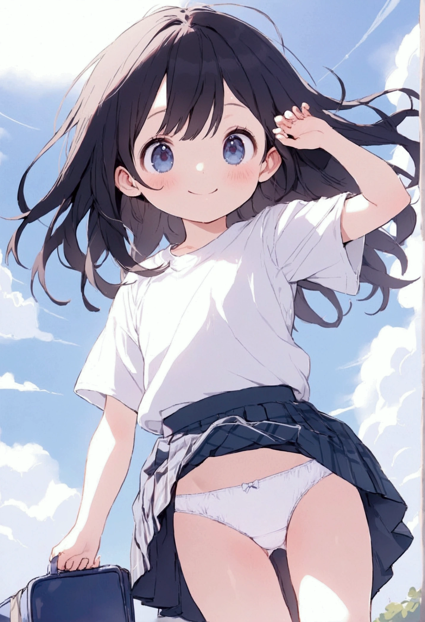 (8k),(masterpiece),(Japanese),(),((Innocent look)),((Childish)),from the front,smile,cute,Innocent,Kind eyes,Plain T-shirt,Short sleeve,Blue checked short skirt,(carrying a red school bag),Straight hair,Hair blowing in the wind,Black Hair,Somewhat strong wind,noon, ((Skirt flipped up)), ((White panties)), Take a full-body photo, Spread your legs