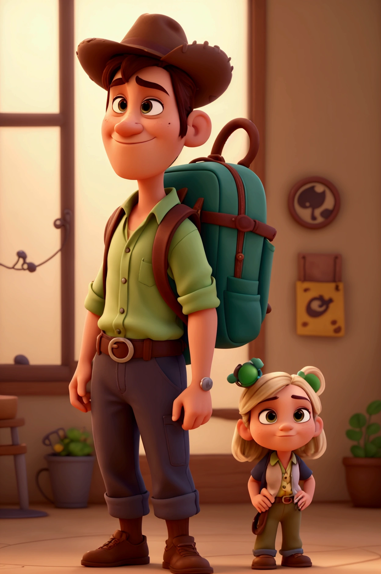 Pixar style character of a couple., the man with hat, 50 years , beard and dark hair, light green eyes, and a shirt, carregando equipamentos de aventura with backpack on back, Indiana Jones style, the woman40 years, you have light brown skin, Blonde hair brown eyes, with backpack on back, with nature background, animation character, stylized character, animation style rendering, 3D stylized, Arnold Maya rendering, Render 3D stylized, Toon render keyshot, 3D character, 3D character, Stylized 3D rendering, 3d character rendering, cartoon character, Close-up character, Character pose, (pixar style) (master part:1.2) (bokeh) (Best Quality) (detailed skin) (detailed texture) (8k) (clay) (cinematic lighting)