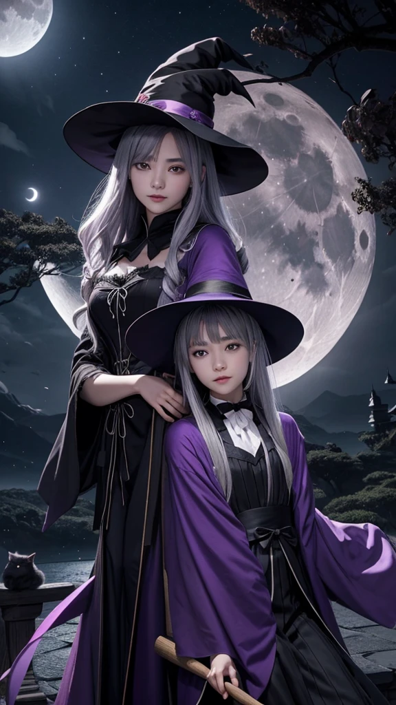 Moonlit Night、Flying Over、Straddling a broom、Purple Robe、Three-cornered hat、Black cat、Twilight、Jack Lantern、Gray Hair、witch、Slip empty、high resolution、magic circle
