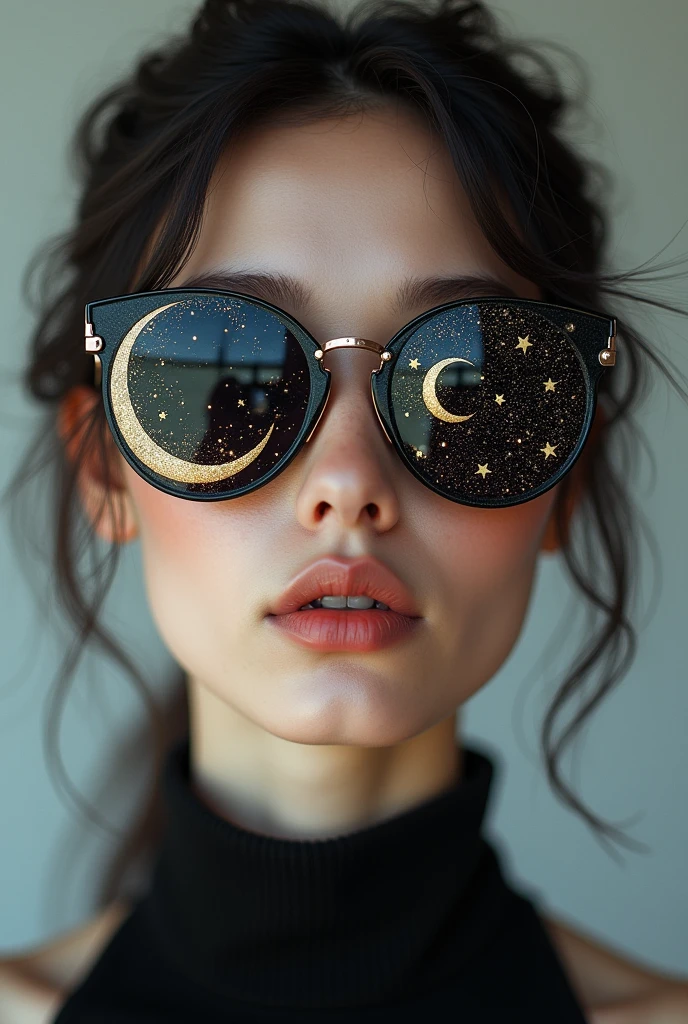 The model is wearing glass sunglasses with stars and the moon on the glass