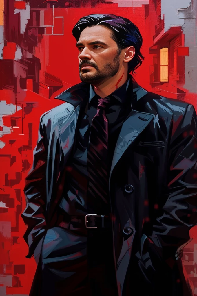 painting of a man in a black coat and tie standing in front of a red background, neo noir style, neo - noir style, portrait of john wick, drawn in a neo - noir style, beaten tech. neo noir style, style of raymond swanland, neo noir, beaten city. neo noir style, art in a noir crime novel style, style of jeremy mann