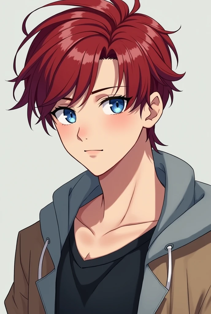 Her hair is deep red、Please draw a cool, blue-eyed, short-haired, good-looking high school boy.。