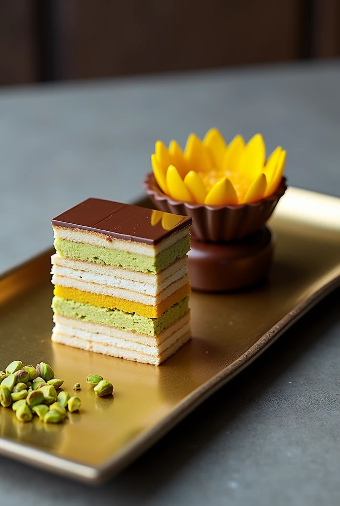 Plate containing a dessert, rectangular pavé on one side of the dish with six layers of white dough, interspersed with two layers of dulce de leche cream and two layers of pistachio cream, covered with a mirrored chocolate coating and with chopped pistachios on the other side a chocolate sunflower with yellow petals