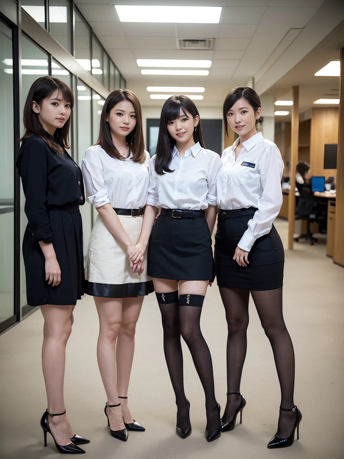 (Highest quality, masterpiece, Photorealistic, Super detailed, Ultra-high resolution, born:1.3), (Three Girls:1.3), beautiful, Japanese, mature, 28 years old, office workers, (Close bonds, Short skirt),(stockings),(smile), (bangs),ponytail,Short Hair, high waist, necklace, (office, indoor, Glass Room), (Long legs, High heels, whole body:1.2),  (crowd)