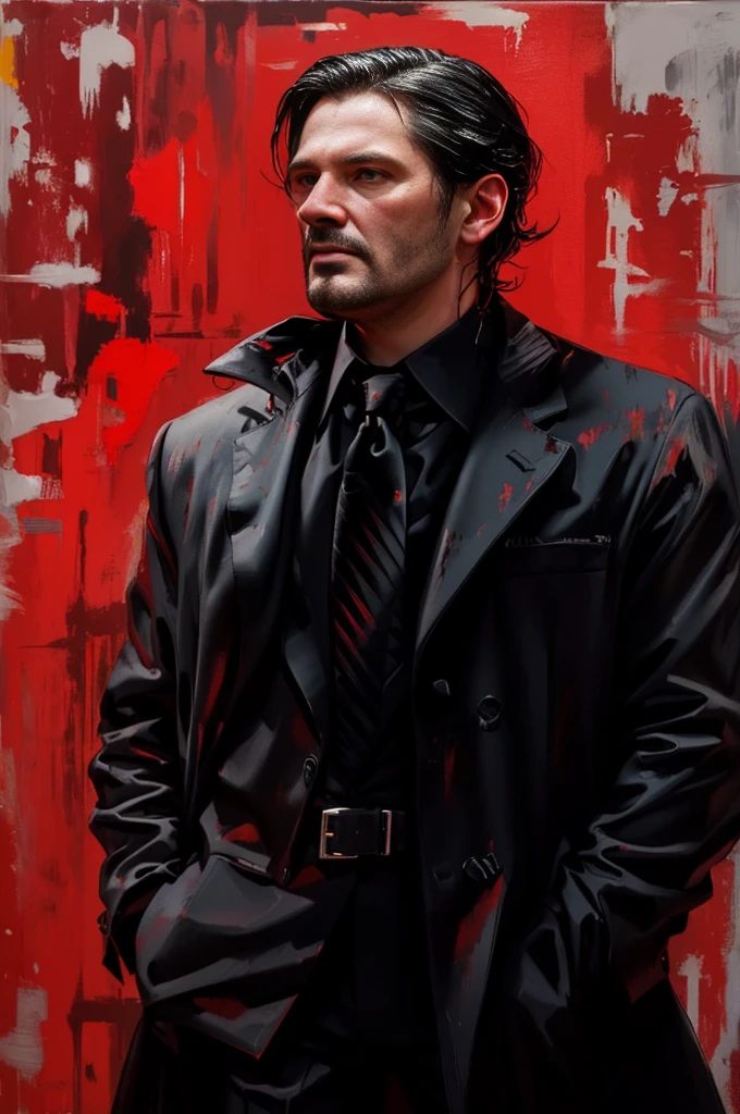 painting of a man in a black coat and tie standing in front of a red background, neo noir style, neo - noir style, portrait of john wick, drawn in a neo - noir style, beaten tech. neo noir style, style of raymond swanland, neo noir, beaten city. neo noir style, art in a noir crime novel style, style of jeremy mann