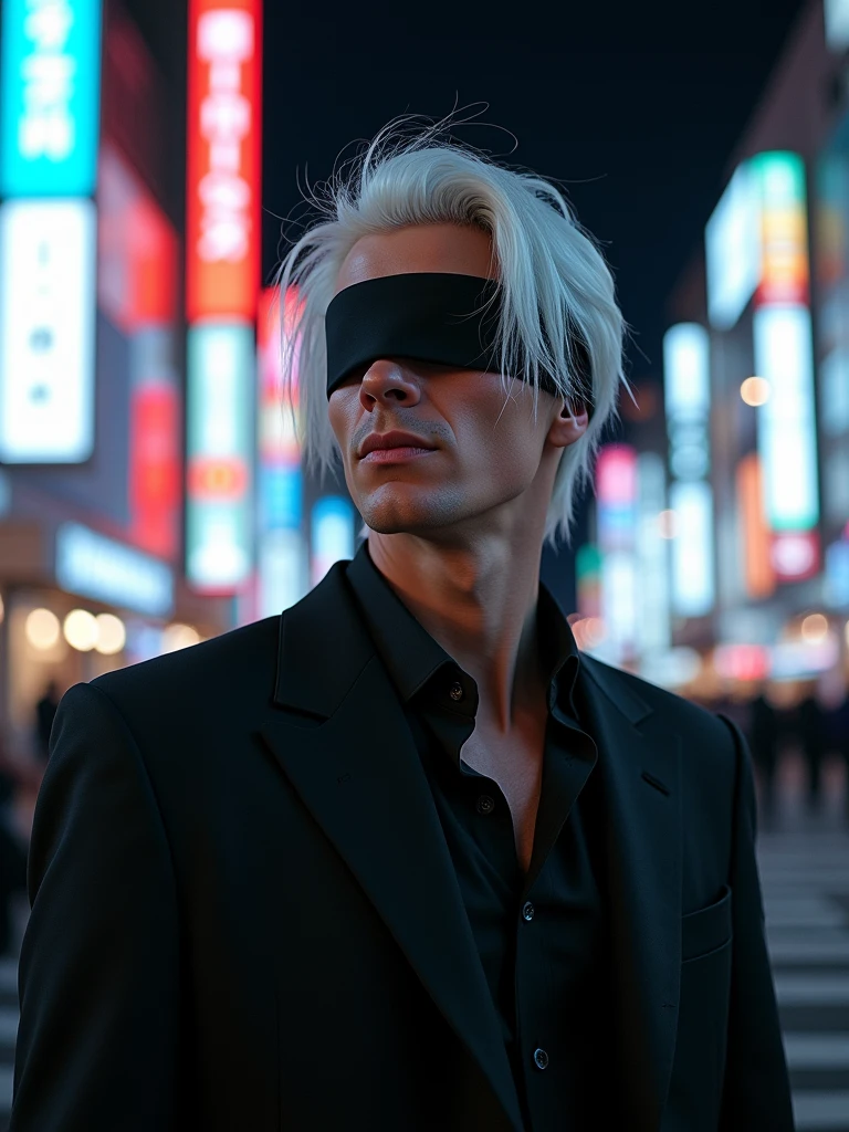 ((masterpiece, 8K, best quality, high resolution:1.3)), (a tall and slender man:1.2), (he has a very delicate face:1.2), (his hair is completely white, slightly messy, and falls over his forehead:1.2), (his eyes are covered by a black blindfold:1.2), (he is wearing a black outfit consisting of a black t-shirt and matching pants, giving him an elegant and imposing appearance:1.2), (his style is confident and casual, reflecting his charismatic and powerful personality:1.2), (he is smiling:1.2), (he is in Shibuya at night:1.2), (the background features the bustling streets of Shibuya with neon lights and crowded intersections:1.2), (the scene is illuminated with vibrant, colorful lights from the city:1.2), (his pose is relaxed yet confident, showcasing his natural charisma:1.2), (Canon EOS 5DS R camera, perfect for capturing the detail and beauty of the scene:1.2), (paired with the Canon EF 85mm f/1.4L IS USM lens:1.2), (the composition showcases the contrast between his elegant attire and the dynamic city backdrop:1.2), (a moment frozen in time, capturing the essence of urban style and confidence:1.3), (ultra photorealistic, highlighting his features and the vibrant city setting:1.3), (an image that transports viewers to a captivating and energetic moment:1.2), (a scene that exemplifies the beauty of individuality in a modern, urban context:1.2)