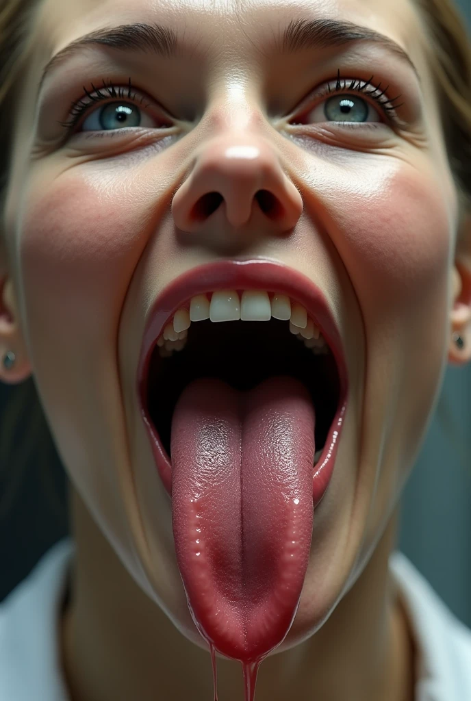 Scarlett Johansson opens her mouth wide showing you her uvula and super thick white realistic wet Tongue