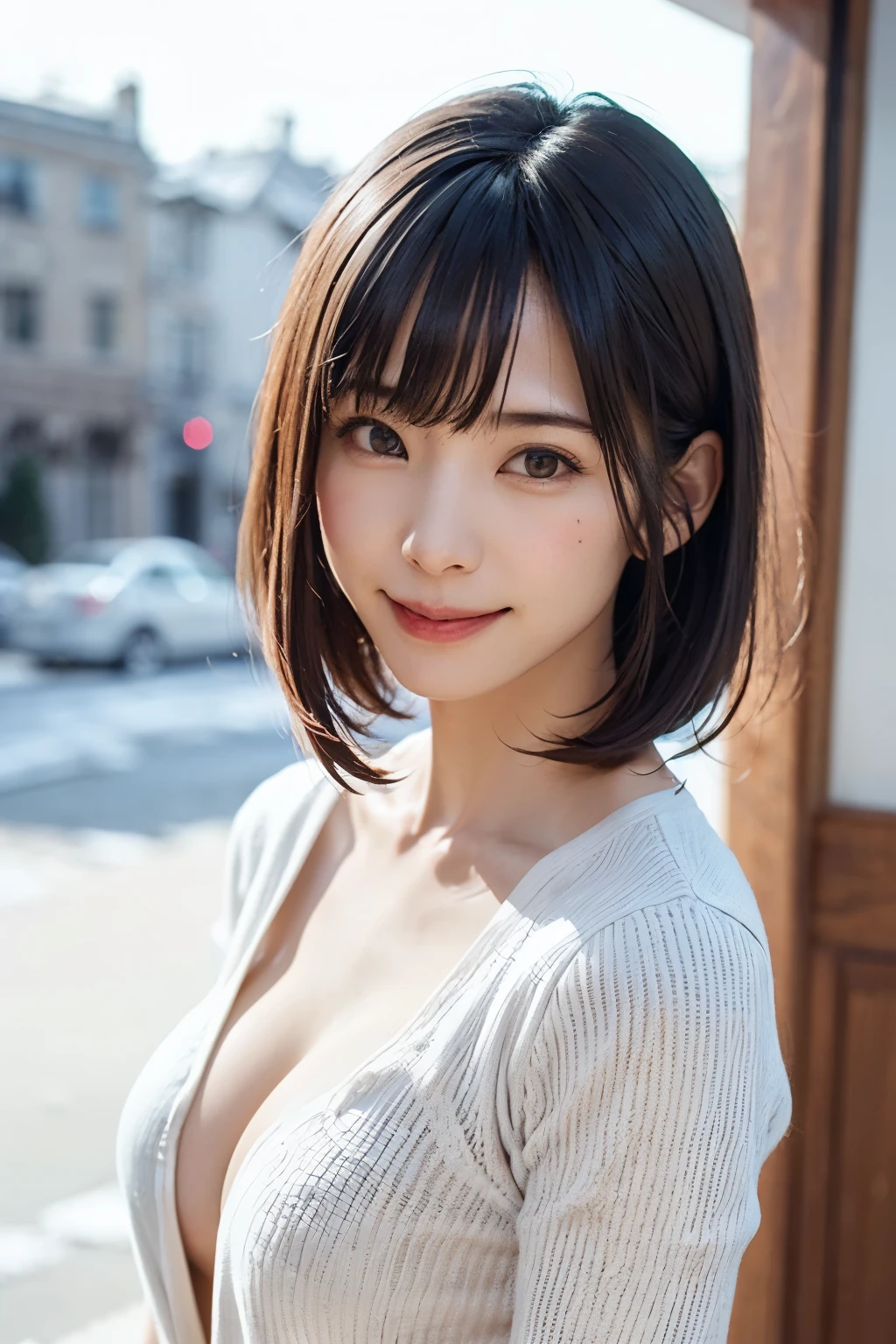 (masterpiece, Highest quality),One Girl, alone, hyper Realistic, Realistic,Realistic, Looking at the audience, Light brown eyes:1.4,Brunette Short Bob Hair with highly detailed shiny hair, Brightly colored winter clothes, Lepangas:1.4), Plein Air, Mouth closed, Upper Body、big chest eye、eyelash、{Hugeな|big chest|Hugeなな|Mega} chest:2, chestの谷間:2、{Huge|big|Hugeな|Mega} chest:2, chestの谷間:2、とてつもなく大きなchest、chestの谷間を見せる、(((big chest eye、Short Bob Hair、Glowing Skin、Shiny Hair、Student Highlights、Gazing at the audience、She is very beautiful and cute、Listen carefully、Long neck、smile、Close your mouth and smile、bangsと美しい歯、bangs、Perfect Anatomy)))、Ideal body type、（Snowy tree-lined road in winter in Norway, Out of focus background）、美しいLong neck:1.4、Very attractive, Beautiful and cute woman