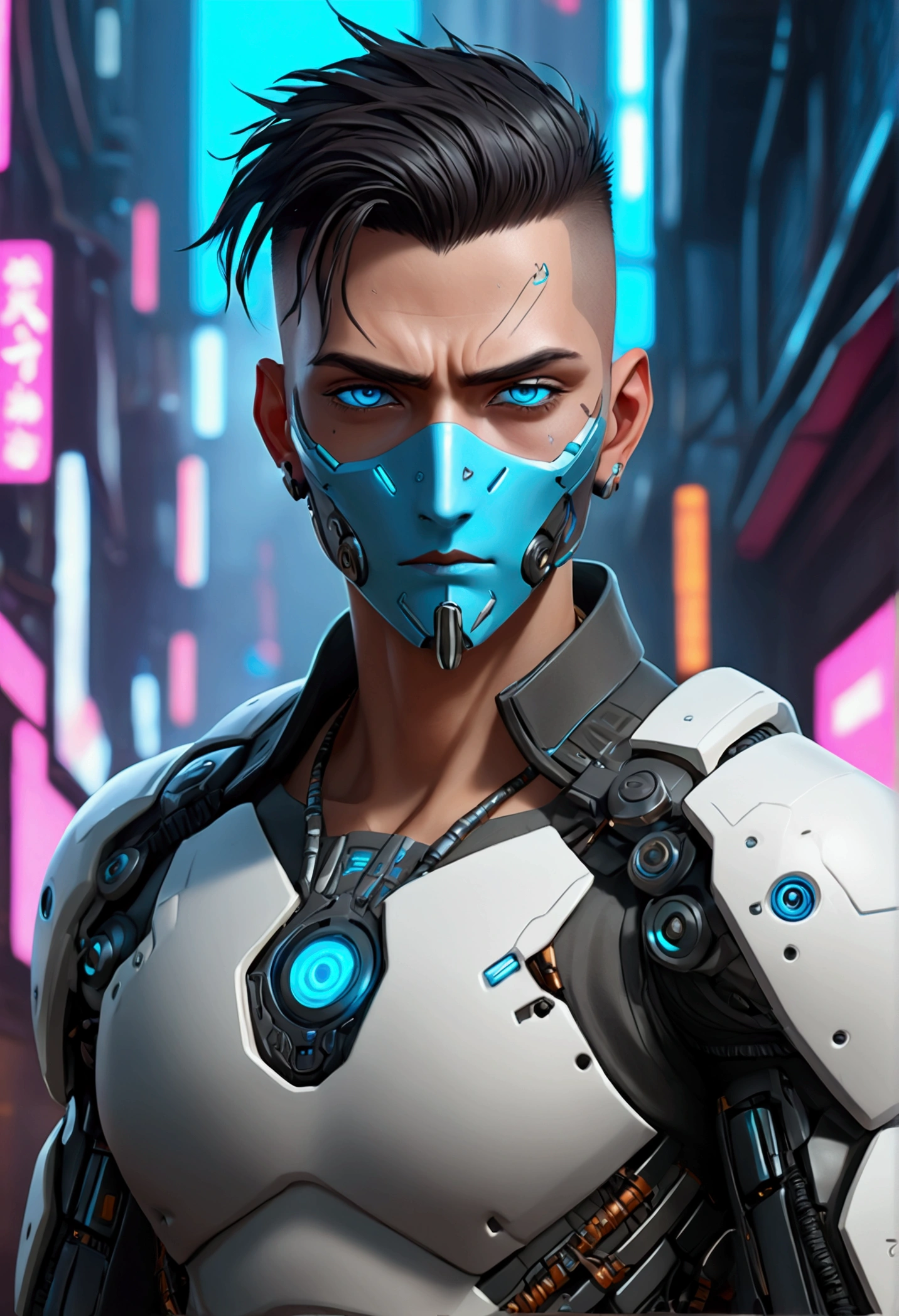 (best quality, Art, animation styling, Full of details), Upper body cut of a man with an Indian warrior feel, official anime art illustration, White person with blue eyes, Cartoon of a man wearing a mask on his face, protruding eyes, semi-realistic cyberpunk style, Portrait of a cyberpunk man, cyberpunk art ultrarealistic 8k, cyberpunk style , hyper realist, cyberpunk character, Trends in ArtStation, Complete movie character, Trends in ArtStation 4k, Cyberpunk Cyborg Upper Body, Realistic upper body like a movie, A perfectly realistic cyberpunk hero., inc썩음ibly detailed, 8k, Ultra HD, Art, best quality, very detailed, convoluted, Expressing the upper body, Show me your waist