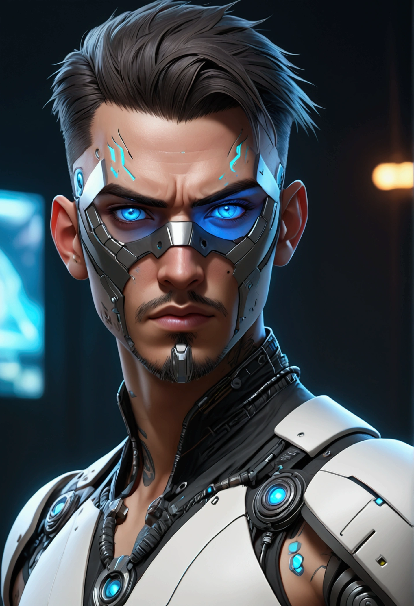 (best quality, Art, animation styling, Full of details), Upper body cut of a man with an Indian warrior feel, official anime art illustration, White person with blue eyes, Cartoon of a man wearing a mask on his face, protruding eyes, semi-realistic cyberpunk style, Portrait of a cyberpunk man, cyberpunk art ultrarealistic 8k, cyberpunk style ， hyper realist, cyberpunk character, Trends in ArtStation, Complete movie character, Trends in ArtStation 4k, Cyberpunk Cyborg Upper Body, Realistic upper body like a movie, A perfectly realistic cyberpunk hero., inc썩음ibly detailed, 8k, Ultra HD, Art, best quality, very detailed, convoluted, Expressing the upper body, Show me your waist