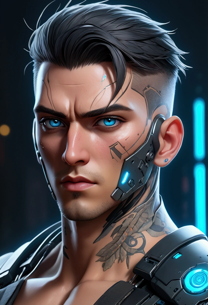 (best quality, Art, animation styling, Full of details), Upper body cut of a man with an Indian warrior feel, official anime art illustration, White person with blue eyes, Cartoon of a man wearing a mask on his face, protruding eyes, semi-realistic cyberpunk style, Portrait of a cyberpunk man, cyberpunk art ultrarealistic 8k, cyberpunk style ， hyper realist, cyberpunk character, Trends in ArtStation, Complete movie character, Trends in ArtStation 4k, Cyberpunk Cyborg Upper Body, Realistic upper body like a movie, A perfectly realistic cyberpunk hero., inc썩음ibly detailed, 8k, Ultra HD, Art, best quality, very detailed, convoluted, Expressing the upper body, Show me your waist