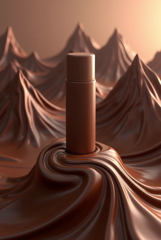One deo bottle on chocolate mountain and some chocolate liquid waves around the bottle