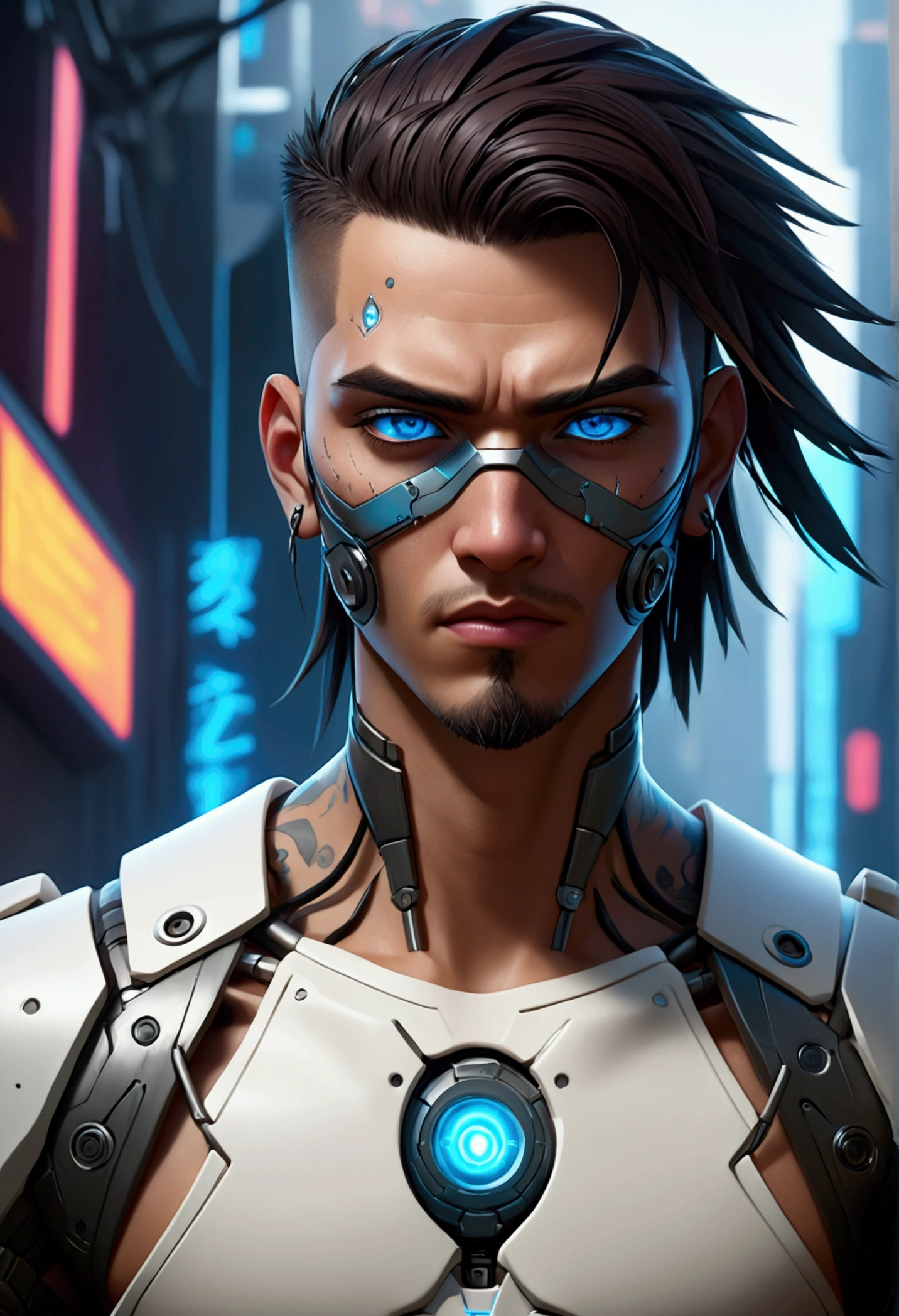 (best quality, Art, animation styling, Full of details), Upper body cut of a man with an Indian warrior feel, official anime art illustration, White person with blue eyes, Cartoon of a man wearing a mask on his face, protruding eyes, semi-realistic cyberpunk style, Portrait of a cyberpunk man, cyberpunk art ultrarealistic 8k, cyberpunk style , hyper realist, cyberpunk character, Trends in ArtStation, Complete movie character, Trends in ArtStation 4k, Cyberpunk Cyborg Upper Body, Realistic upper body like a movie, A perfectly realistic cyberpunk hero., inc썩음ibly detailed, 8k, Ultra HD, Art, best quality, very detailed, convoluted, Expressing the upper body, Show me your waist