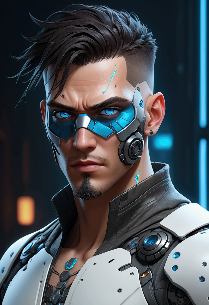 (best quality, Art, animation styling, Full of details), Upper body cut of a man with an Indian warrior feel, official anime art illustration, White person with blue eyes, Cartoon of a man wearing a mask on his face, protruding eyes, semi-realistic cyberpunk style, Portrait of a cyberpunk man, cyberpunk art ultrarealistic 8k, cyberpunk style , hyper realist, cyberpunk character, Trends in ArtStation, Complete movie character, Trends in ArtStation 4k, Cyberpunk Cyborg Upper Body, Realistic upper body like a movie, A perfectly realistic cyberpunk hero., inc썩음ibly detailed, 8k, Ultra HD, Art, best quality, very detailed, convoluted, Expressing the upper body, Show me your waist