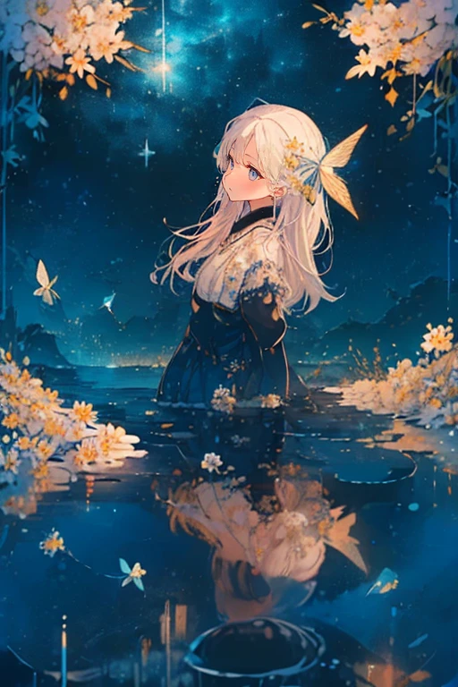 (Mastepiece), (Best Quality), Very detailed, 1 girl, Solo full body shot, Perfect Face, beautiful girl, Very detailedな顔,(White hair long hair:1.5),(blue eyes:1.4),(Lots of butterflies々:1.2)、(Lots of white flowers:1.4)、(Lots of blue butterflies々:1.3)、(Sparkling:1.3)、moonlight、流れstar、(night、star空:1.4)、Crescent Moon、star々、moonlight