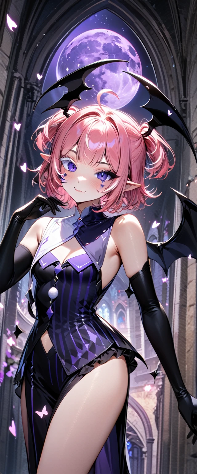 UHD, masterpiece, best quality, extremely detailed, anatomically correct, sharp focus, Midnight, purple moon, Church , altar isle, falling petals, flying erflies, ((full body portrait)), 1girl, solo, camilavtuber, pink hair, short hair, shoulder length hair, (black head wings), twin ponytail, purple eyes, facial mark, smiling, slim arms, black arm sleeves, black gloves, small chest, 1devil wing, black long gown, high slit gown, slim legs, black stockings, black high heels, full body shot, close up, innocent pose, Eye-Level Shot, front view, innocent pose