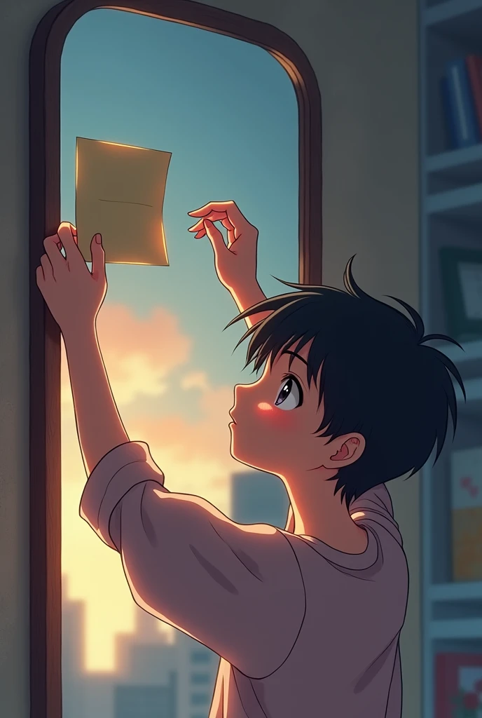 Teenager anime boy backturned reaching up to put a note in a mirror