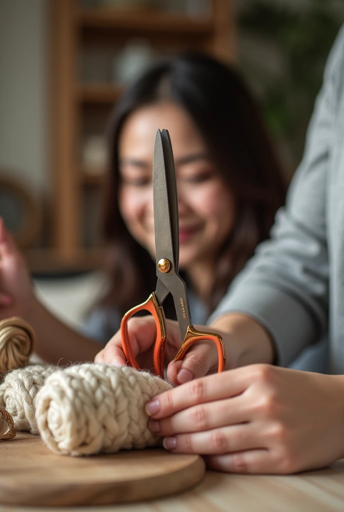 A woman using the scissors in the photo, to make a commercial