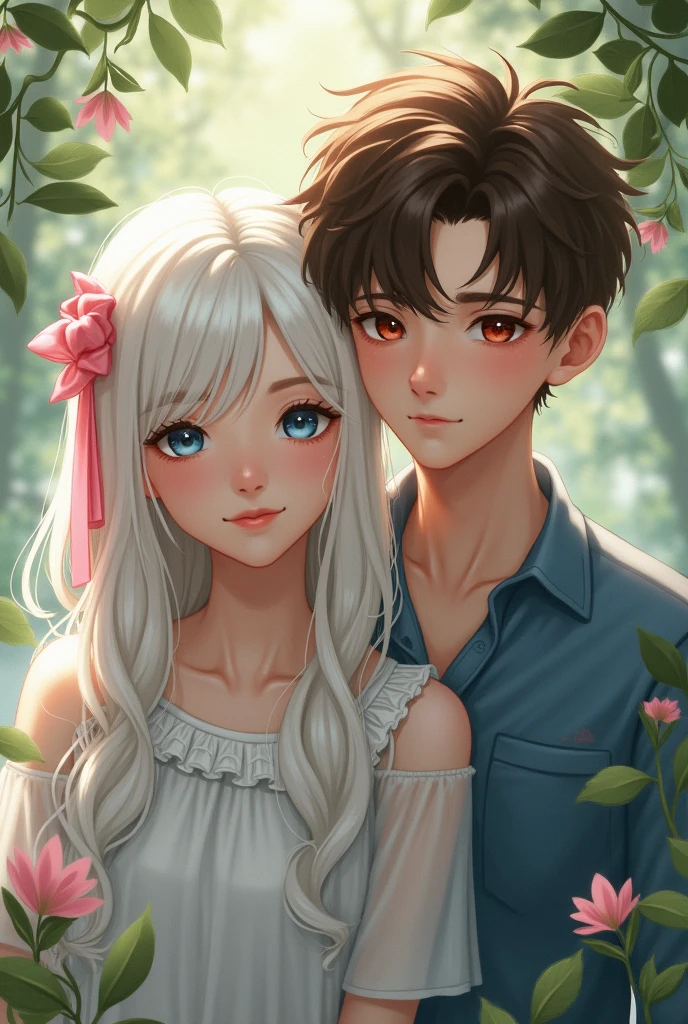 Girl, 16 year old, long wavy white hair, blue eyes, pink ribbon in hair, full body
Boy, 16 year old, brown hair, red eyes, handsome
