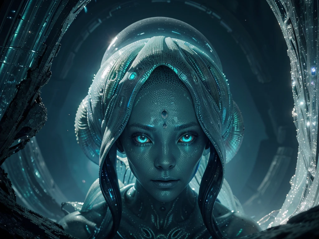 A luminous, ethereal tentacled alien, its form radiates with an otherworldly glow, each tentacle pulsating with intricate patterns of shimmering colors. The main subject of this concept art is a fantastical alien creature with an array of tentacles cascading around its body. This stunning image is a digital painting that captures the alien's mesmerizing beauty in exquisite detail. The alien's translucent skin seems to be alive with moving light, and its piercing crystalline eyes seem to hold secrets of the universe. The high quality of this image immerses viewers in a surreal, dreamlike world where the unknown becomes captivatingly real.