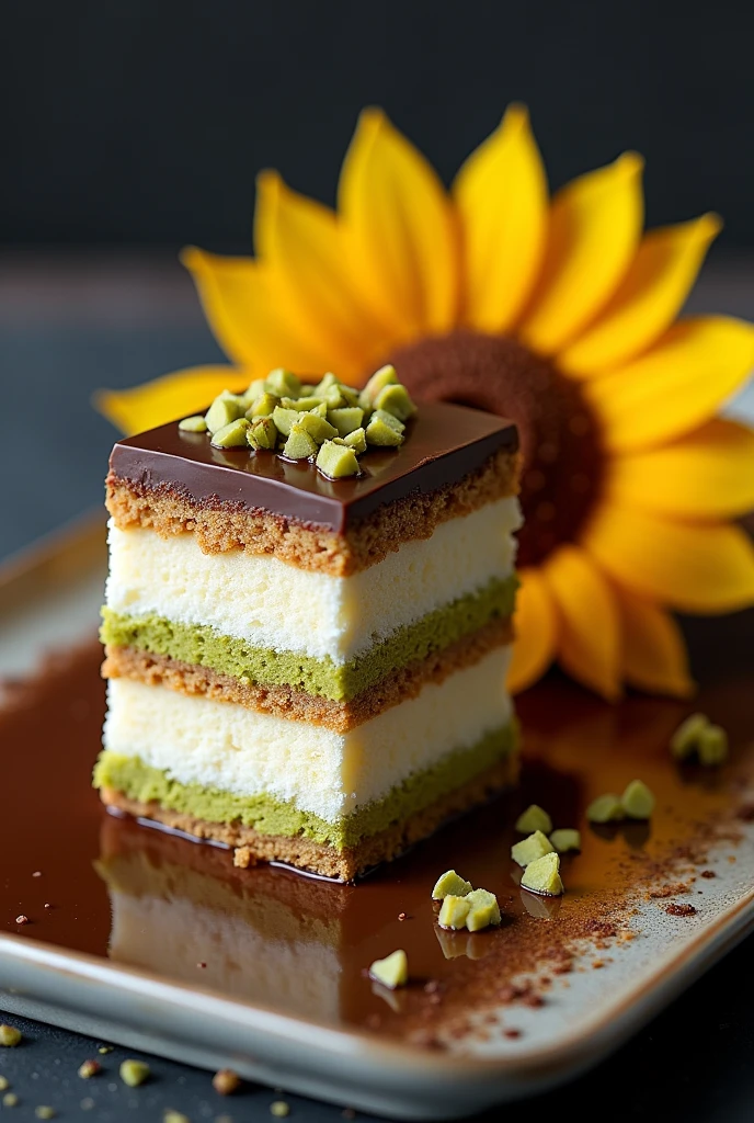 Plate containing a dessert, rectangular pavé on one side of the dish with six layers of white dough, interspersed with two layers of dulce de leche cream and two layers of pistachio cream, covered with a mirrored chocolate coating and with chopped pistachios on the other side a chocolate sunflower with yellow petals