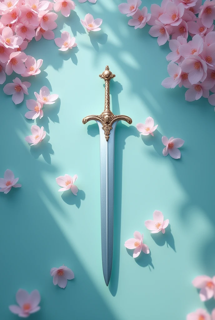 The clear water has a few pink petals and a sword. The view is from top down. 