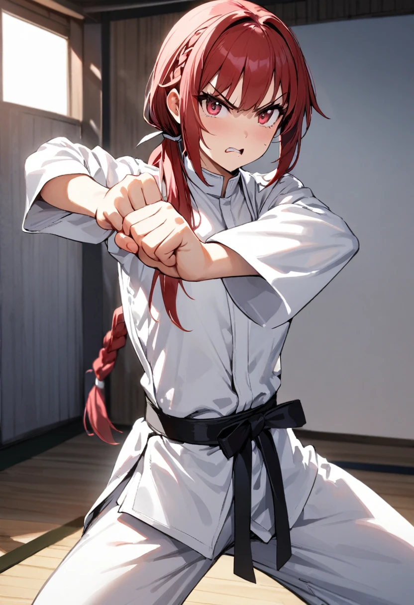 ((karate)), (( lutando karate)), (((1girl))), ((littlegry, whole body, perfect face, Pure white karate uniform, White collar, karate stance, white long sleeve, Martial arts hall, white pants, Plain white clothes, Black belt, action, flat chest, (((low ponytail))), ((braid)), Cherry red hair,red eyes, tsurime, make a fist, ready a fist, masterpiece, best quality, high details, anatomically correct, high quality, best quality