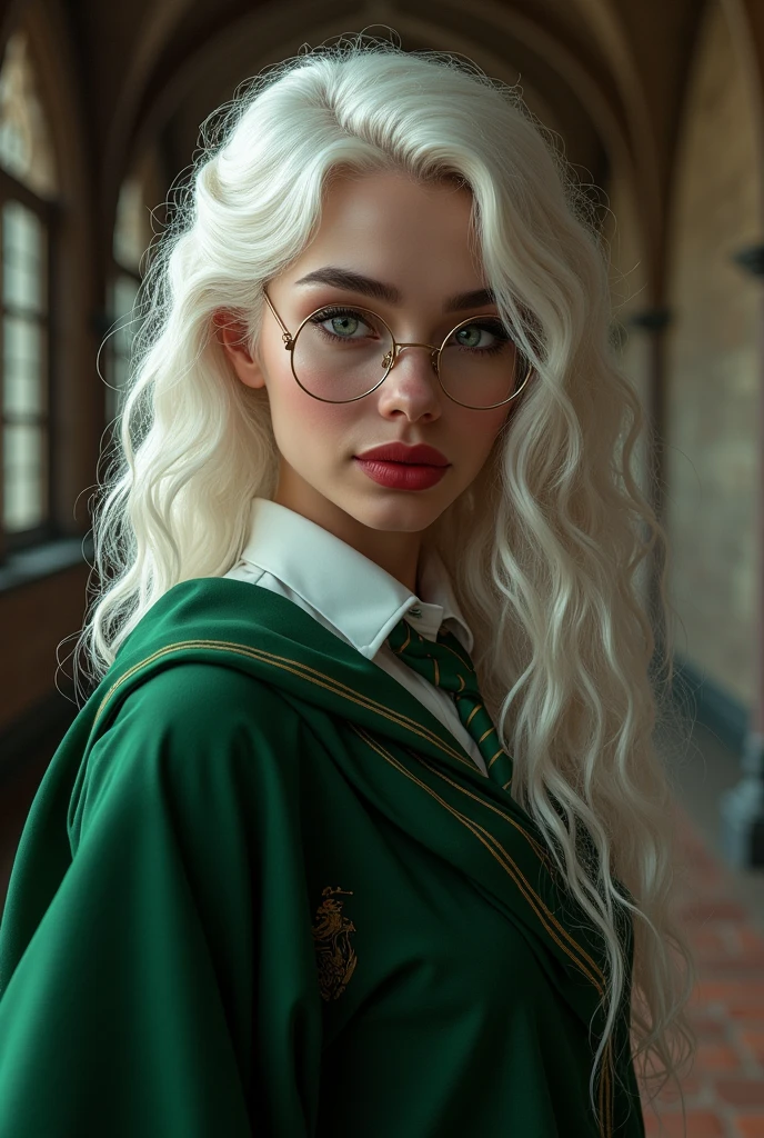 create a realistic image of a white Brazilian woman with long curly platinum hair down to her back, thick eyebrows filled in and platinum too, with a beautiful and attractive, seductive, well-defined face that wears glasses with transparent frames, has kind and striking grayish-blue eyes, reddish fleshy lips, who is wearing the clothes/uniforme da sonserina em um lugar da escola de Howgarts de Harry Potter