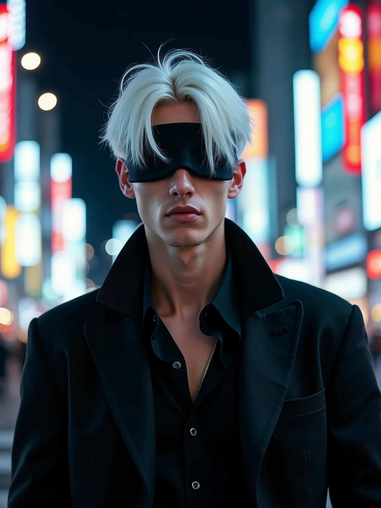 ((masterpiece, 8K, best quality, high resolution:1.3)), (a tall and slender man:1.2), (he has a very delicate face:1.2), (his hair is completely white, slightly messy, and falls over his forehead:1.2), (his eyes are covered by a black blindfold:1.2), (he is wearing a black outfit consisting of a black t-shirt and matching pants, giving him an elegant and imposing appearance:1.2), (his style is confident and casual, reflecting his charismatic and powerful personality:1.2), (he is smiling:1.2), (he is in Shibuya at night:1.2), (the background features the bustling streets of Shibuya with neon lights and crowded intersections:1.2), (the scene is illuminated with vibrant, colorful lights from the city:1.2), (his pose is relaxed yet confident, showcasing his natural charisma:1.2), (Canon EOS 5DS R camera, perfect for capturing the detail and beauty of the scene:1.2), (paired with the Canon EF 85mm f/1.4L IS USM lens:1.2), (the composition showcases the contrast between his elegant attire and the dynamic city backdrop:1.2), (a moment frozen in time, capturing the essence of urban style and confidence:1.3), (ultra photorealistic, highlighting his features and the vibrant city setting:1.3), (an image that transports viewers to a captivating and energetic moment:1.2), (a scene that exemplifies the beauty of individuality in a modern, urban context:1.2)