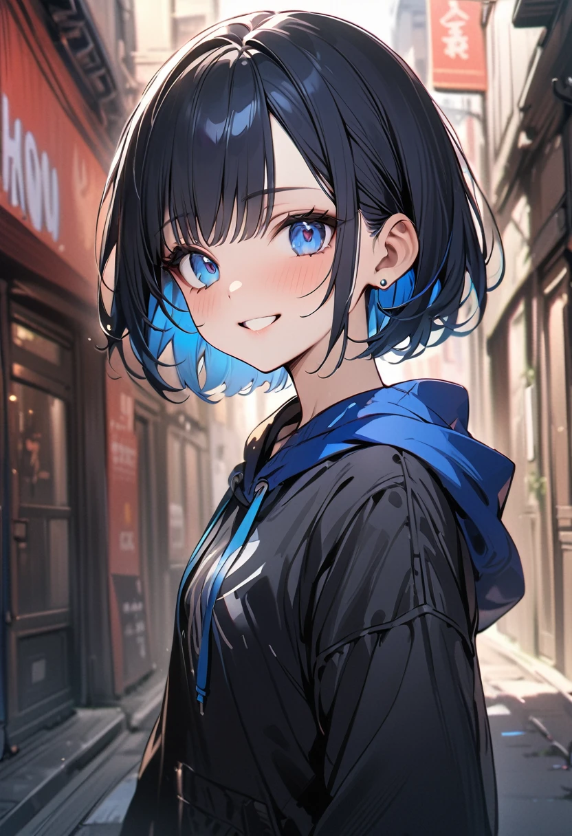 (masterpiece, best quality:1.5), (high resolution 8K), detailed eyes and face, detailed body, 
BREAK (extra short hair:2.0), blunt bangs, black hair, (inner blue color hair:1.2), blue eyes, 14 years old, small breast,  
BREAK smile, happy
BREAK hoodie, outdoors, street, 
