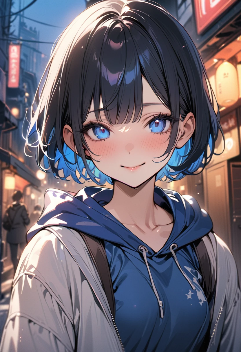 (masterpiece, best quality:1.5), (high resolution 8K), detailed eyes and face, detailed body,
BREAK (extra short hair:2.0), blunt bangs, black hair, (inner blue color hair:1.2), blue eyes, 14 years old, small breast,
BREAK smile, happy
BREAK hoodie, outdoors, street,