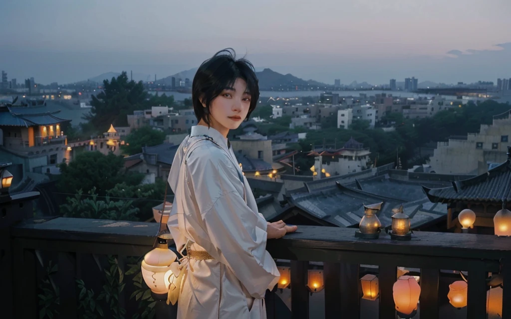 Alafid (Arafed) Asian man standing on the balcony，The background is a lantern, Bat Ulzan, Inspired by Zhang Han, A quiet night. Over the shoulder shot, cai xukun, Shin Jin Hye Aesthetics, Low-fidelity aesthetics, As the sunset, City background, Korean male, Inspired by Border Guardians, beautiful and aesthetic, short hair