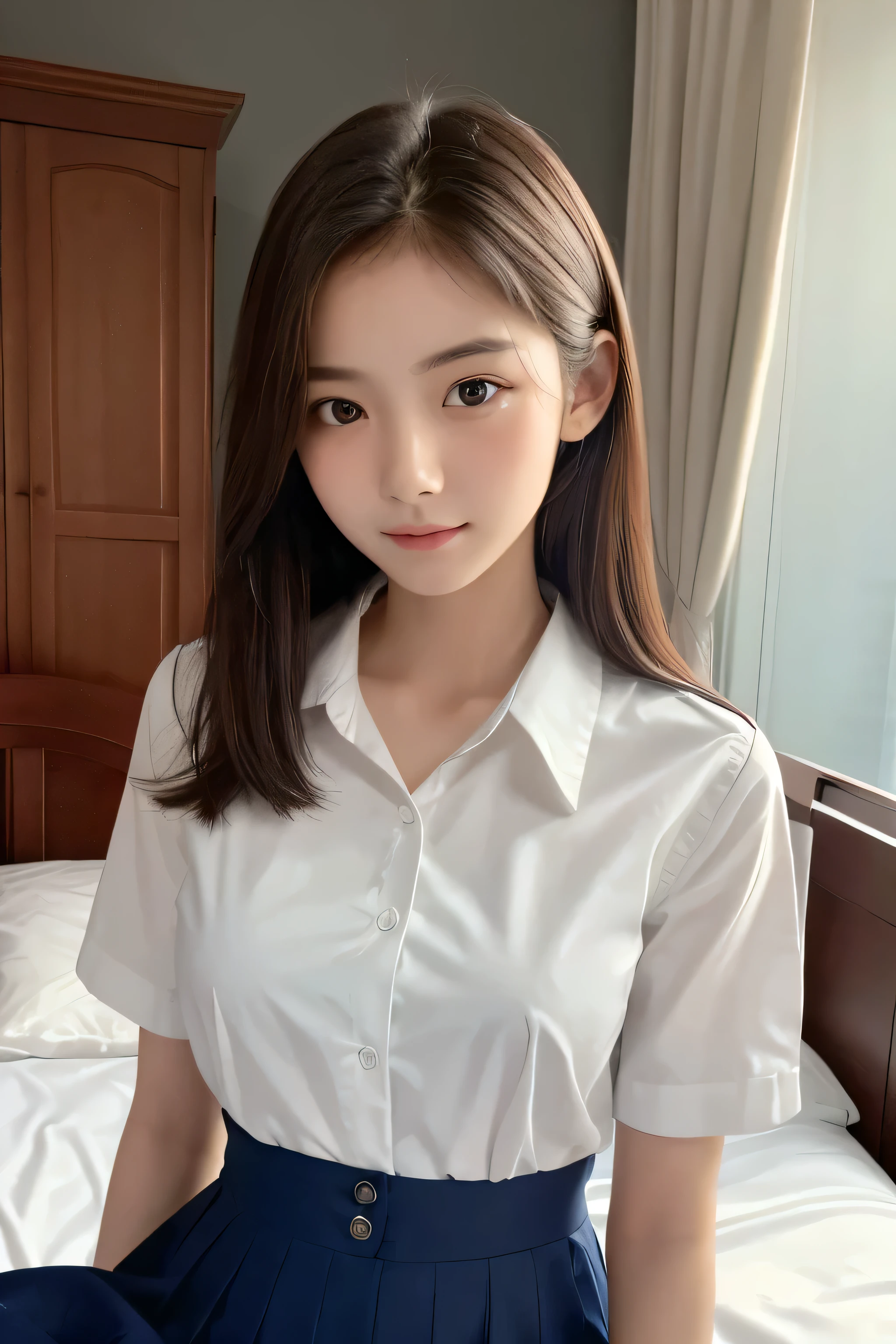 ((Highest quality)), ((Photo quality)), (detailed), Perfect Face, most,Young face,OL,uniform,bed,Small breasts,Thin arms,Skinny,White blouse