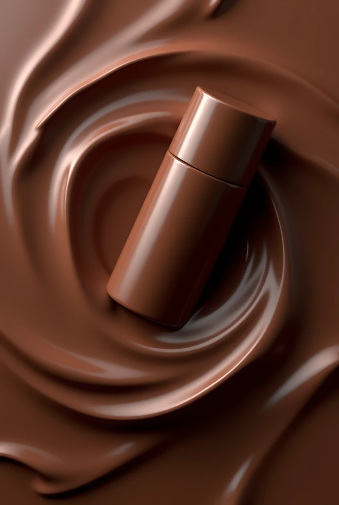 One deo bottle on liquid chocolate and some chocolate liquid waves around the bottle