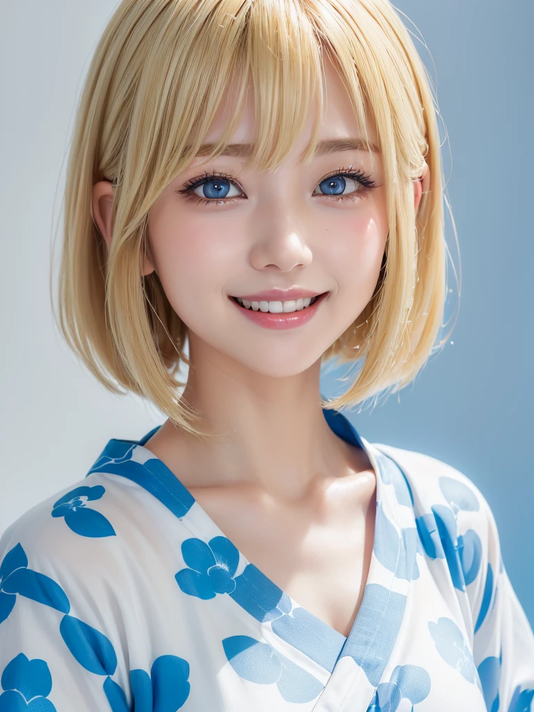 (Highest quality、8k、32K、masterpiece)、(RAW Photos)、(Realistic)、(High resolution)、Very detailedな、Very beautiful face and eyes、One Girl、Round and small face、Delicate body、(close、Highest quality、Rich skin detail、Highest quality、8k)、Very detailed、(Realistic、Realistic:1.37)、Vibrant colors、(((Laughter)))、(((Blonde)))、(((Touch your chest with your right hand)))、(((smile)))、(((Bust Shot)))、(((White Background)))、((Medium Hair))、(((Pure white wall background)))、(((blonde)))、(((She is wearing a yukata with a pop design..)))、(((Black and light blue yukata)))、(((Pure white wall background)))、