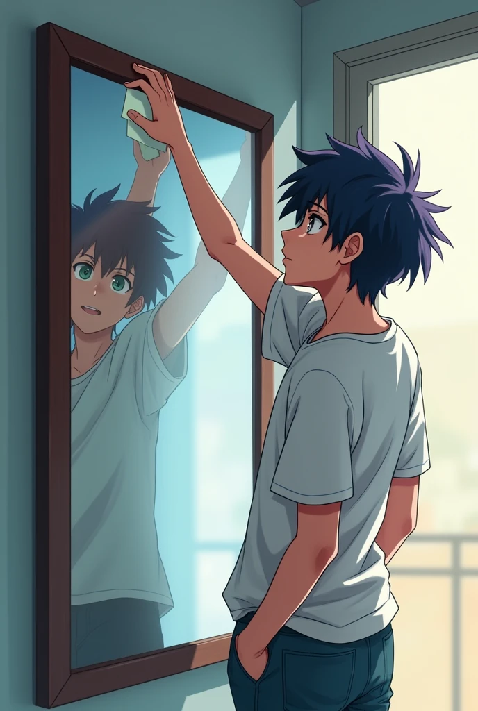 Teenager male anime backturned reaching up to put a note in a mirror
