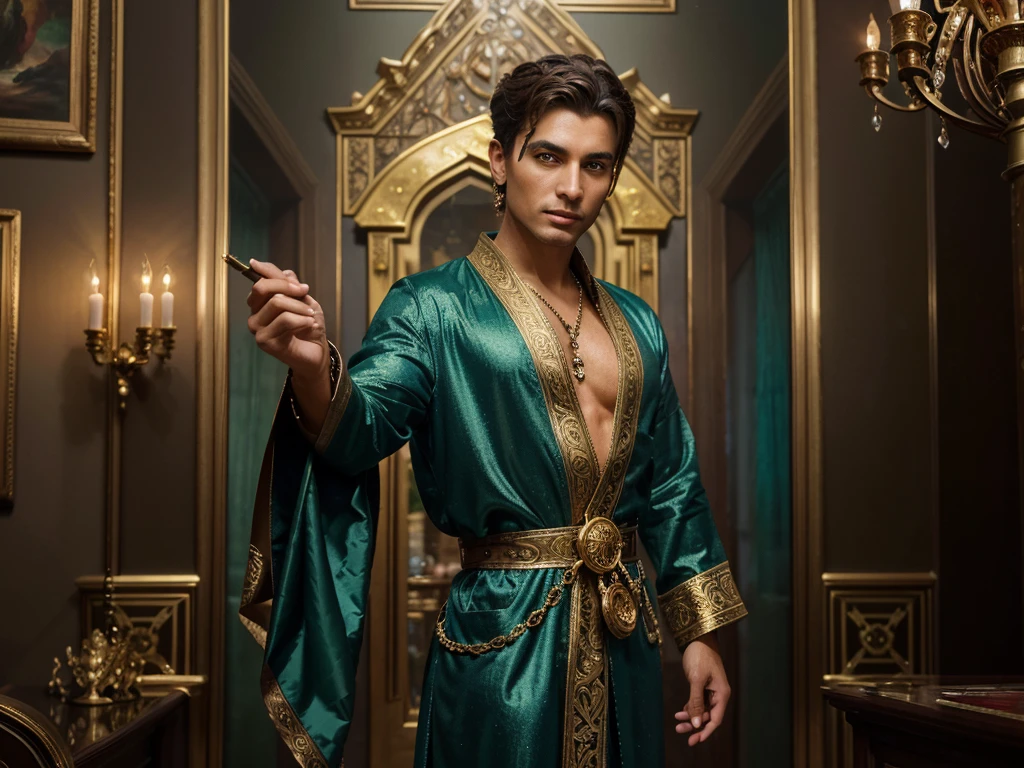 A luminously shimmering sorcerer, radiating an aura of wealth and power, is depicted in an oil painting. The image captures every intricate detail of his opulent attire, from the glistening gold-trimmed robe to the ornate bejeweled staff held in his hand. His piercing emerald eyes seem to follow the viewer, filled with an otherworldly wisdom and captivating allure. The painting's impeccable craftsmanship and rich colors transport viewers into a realm of fantasy and enchantment.