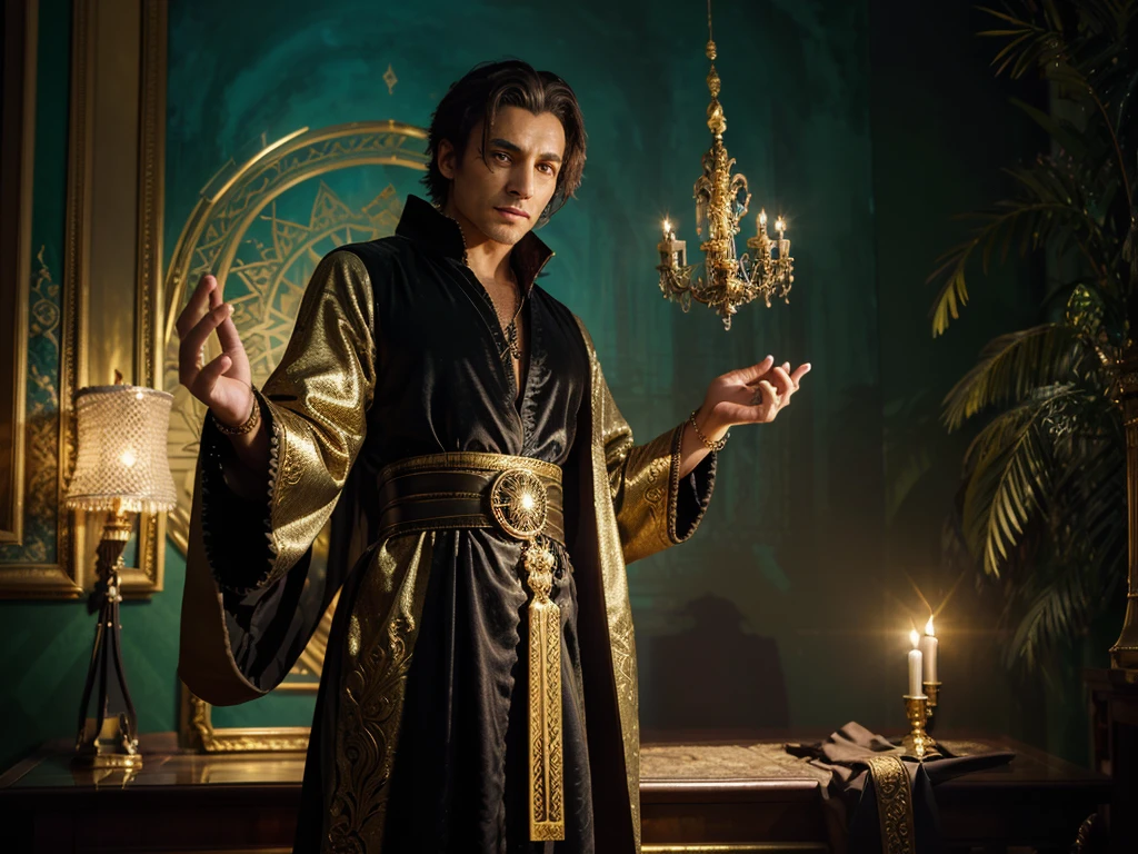 A luminously shimmering sorcerer, radiating an aura of wealth and power, is depicted in an oil painting. The image captures every intricate detail of his opulent attire, from the glistening gold-trimmed robe to the ornate bejeweled staff held in his hand. His piercing emerald eyes seem to follow the viewer, filled with an otherworldly wisdom and captivating allure. The painting's impeccable craftsmanship and rich colors transport viewers into a realm of fantasy and enchantment.