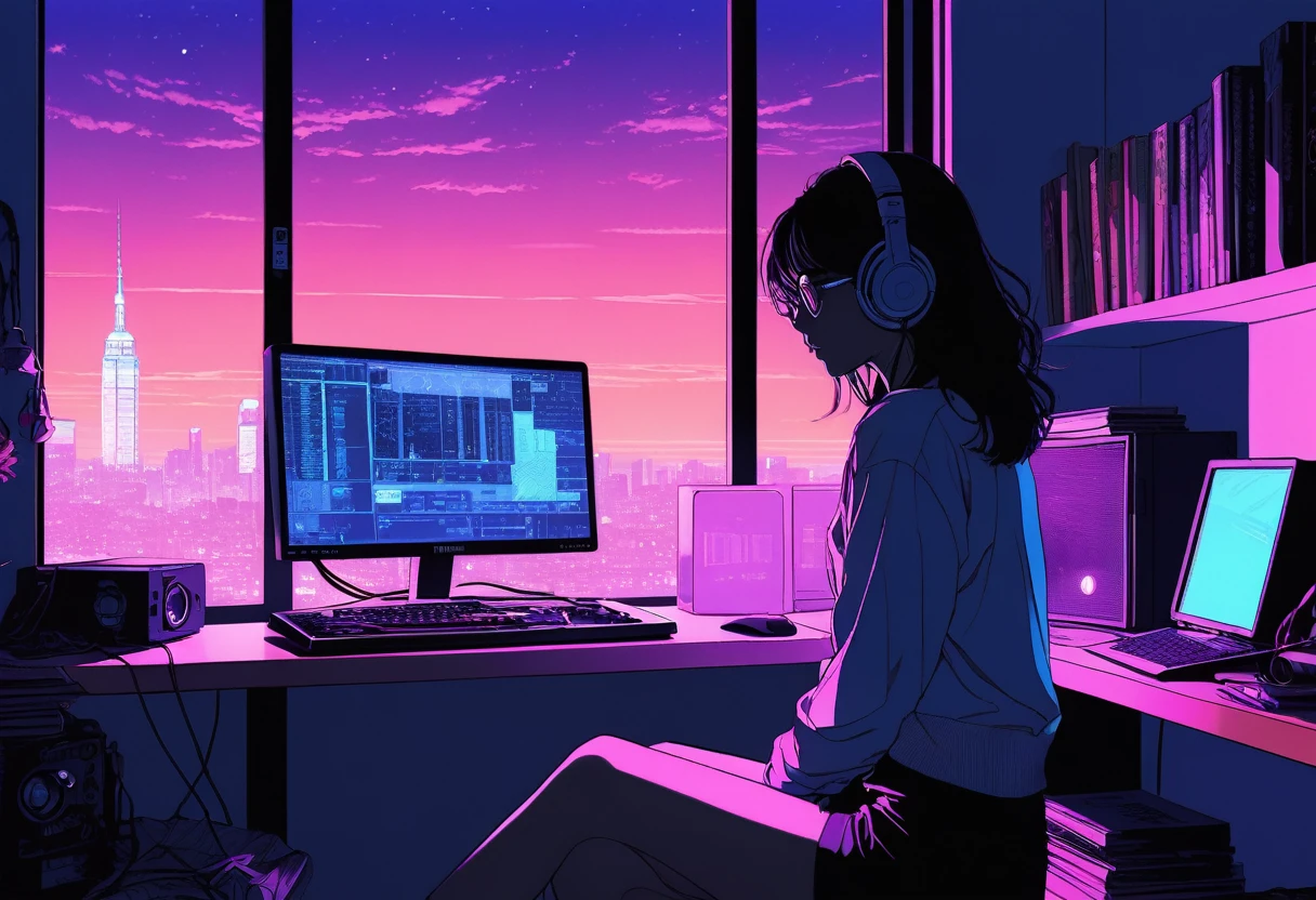 XXMix,Silhouette of frightened woman hiding in a 1980's radio station, neon light, in the style of coloring book comic, full body, raw hand drawn style, (from behind), Anime girl sitting in front of a computer in a cozy bedroom, Girl listening to music while studying in a cozy room (night), round glasses, Using headphones, on the roof, (beautiful night views from windows), lots of things, 2D anime style, The aesthetics of anime in the 90s, lo-fi, long hair, very detailed, hard disk, A mix of anime style and Fujifilm, surreal, 8k, masterpiece, violet eyes,black gloves, round glasses, long sleeves,violet hair, Flat Chest, smile, pantyhose, school leggings