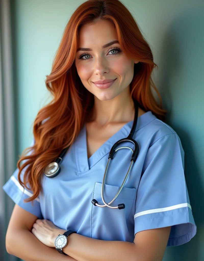 Portrait photo of Elena Morales, a 24-year-old redhead. She has long auburn hair, blue eyes, olive skin tones and 48 inch size breasts. She is dressed in her nurse uniform, standing with poise and confidence. The background should suggest a hospital or healthcare setting, emphasizing her role and expertise.