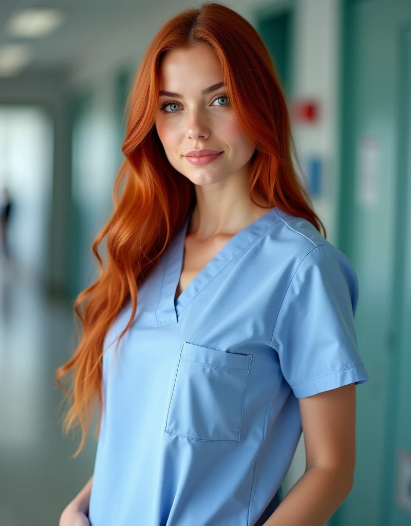 Portrait photo of Elena Morales, a 24-year-old redhead. She has long auburn hair, blue eyes, olive skin tones and 48 inch size breasts. She is dressed in her nurse uniform, standing with poise and confidence. The background should suggest a hospital or healthcare setting, emphasizing her role and expertise.
