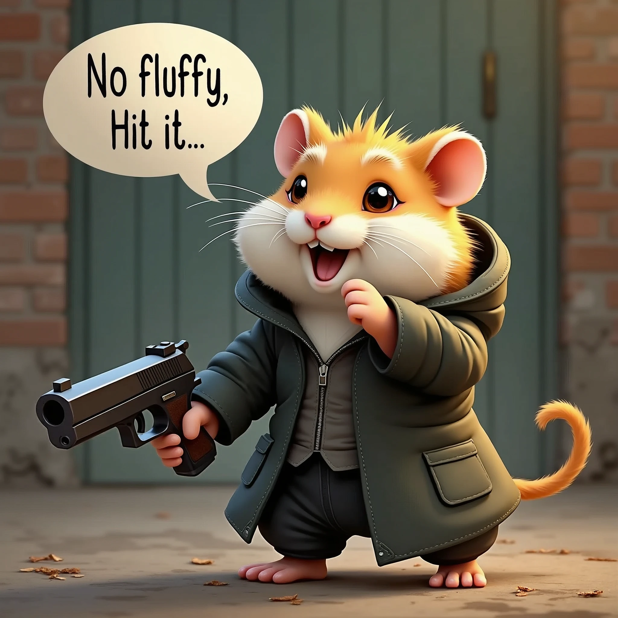 Super cute hamster, dressed as an assassin,gun,(talking bubble "No fluffy, hit it"),masterpiece,Highest quality,Fluffy Hamster,最高にcuteハムスター,Adorable,Little,cute,fun,happy,Dynamic configuration，Anatomically correct,Fantasy,Photorealistic,