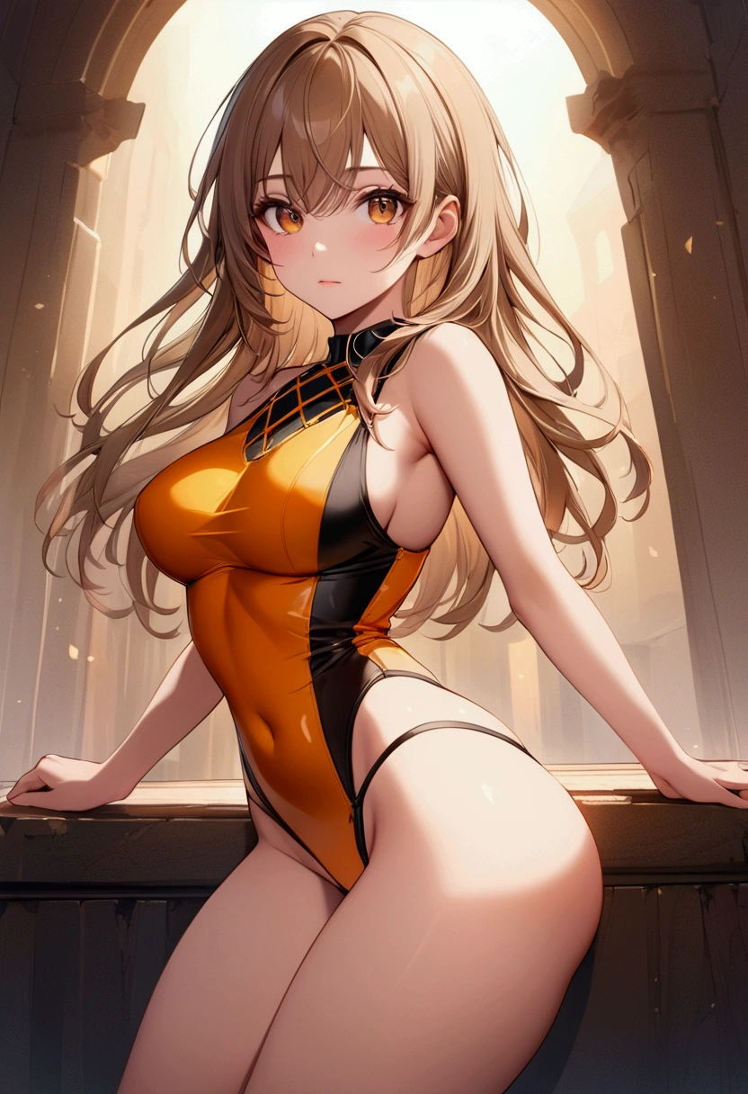 ((Masterpiece)) ((best quality)) ((ultra-detailed )) ((ultra sharp)) ((4k)).Anime girl with light brown hair and amber eyes with an aesthetic build in thongs looking at viewer