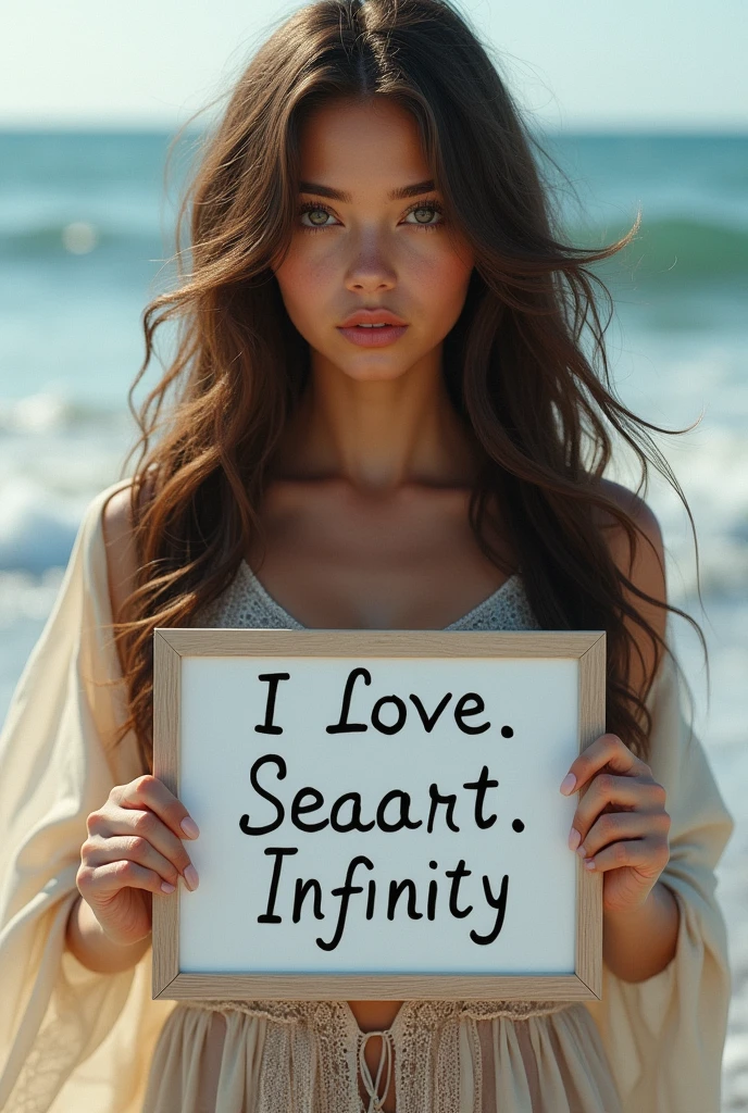 Beautiful girl with wavy long hair, bohemian dress, holding a white board with text "I Love Seaart Infinity" and showing it to the viewer